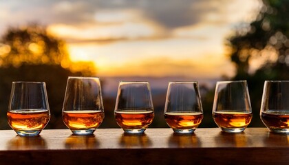 Enjoying A Whiskey Tasting Experience With Various Glasses Lined Up At Sunset