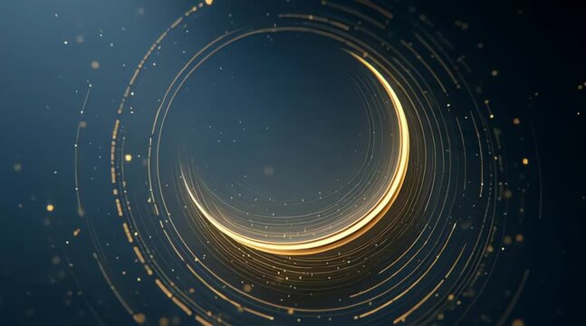 Elegant abstract design with glowing golden concentric rings and ethereal light particles