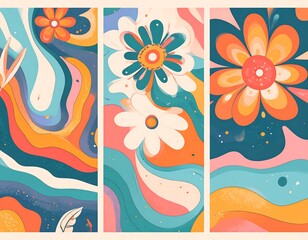 Three vertical panels showcasing vibrant retro floral art with swirling backgrounds, using a color palette of oranges, blues, and creams