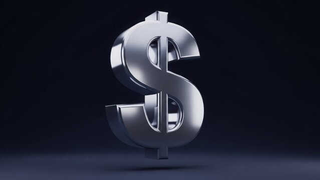 A 3D silver dollar sign on a dark background. Metallic currency symbol representing finance, wealth, and the economy