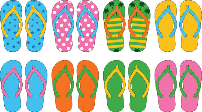 Summer Flip Flop Vector Set  Beach Sandal Cartoon Rubber Footwear