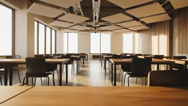 Modern classroom with tables and chairs