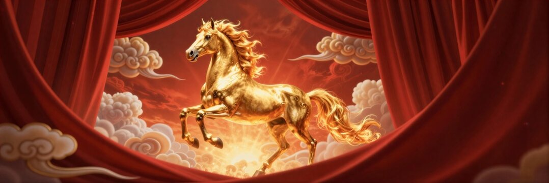 Red curtain auspicious clouds golden horse picture