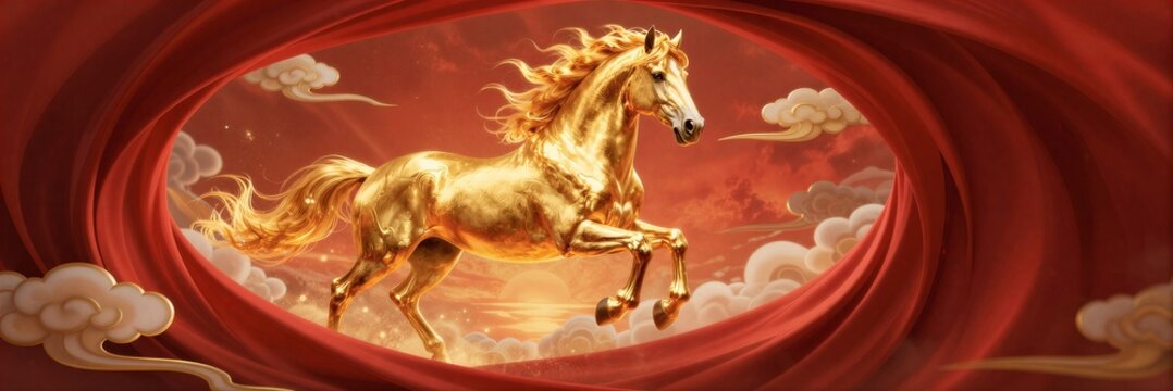 Red curtain auspicious clouds golden horse picture