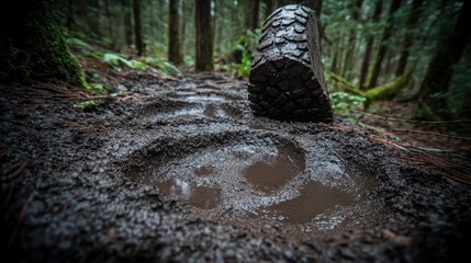 Close up of a muddy tire track with deep impressions on a forest trail after rain