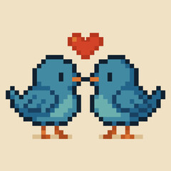 Obraz premium Pixelated blue birds kissing with a heart on a light background for romantic love concept