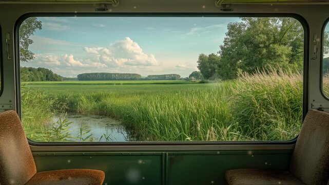 Window view from train reveals peaceful wetland landscape video LoFi animation, ai generated. Quiet journey through countryside. Animated Lo-Fi 4K motion graphics with floating dust particles
