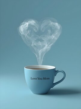 Minimal cute card with a solid blue teacup, red heart-shaped steam rising, clean sans serif text 'Love You Mom