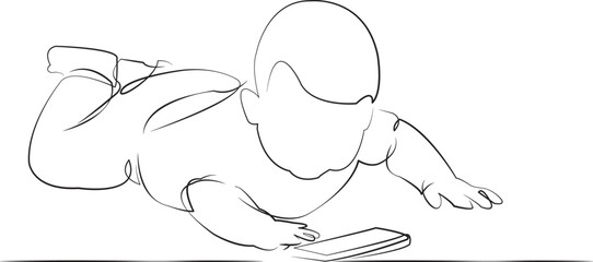 Fototapeta premium One continuous line drawing on white isolated background. Minimalism linear illustration. children, phone, baby, little, toddler, mobile, playing, smartphone, infant, game