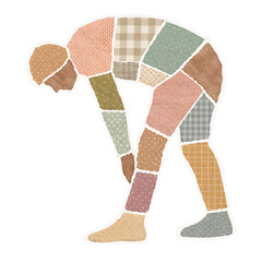 Human figure bending over with patchwork paper collage