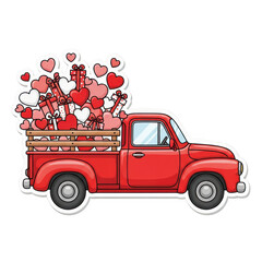 Red vintage truck filled with violins and floating hearts isolated on transparent background for valentines day