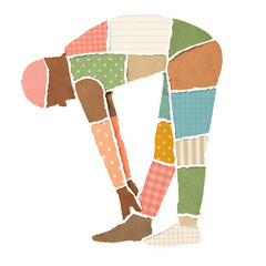 Person bending down patchwork paper cut style