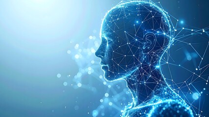 Stunning glowing particles connecting to form a human shape. Great for sci-fi book covers, technology posters, or educational slides about artificial intelligence.