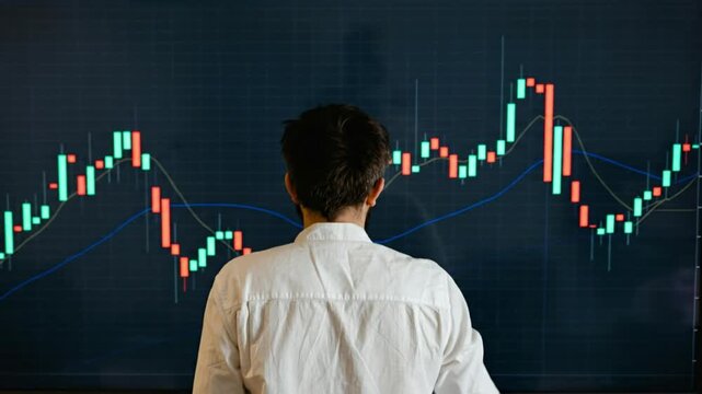 Man analyzes stock market trends on a digital graph display from behind