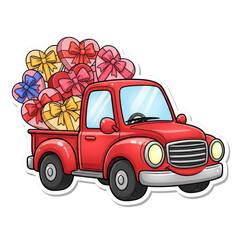 A red pickup truck loaded with colorful presents in the back isolated on transparent background for christmas or birthday celebrations
