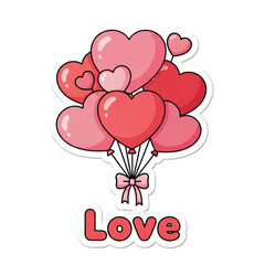 A cluster of pink and red heart shaped balloons tied together with a bow isolated on transparent background