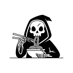 Grim reaper eating noodles with chopsticks in hood