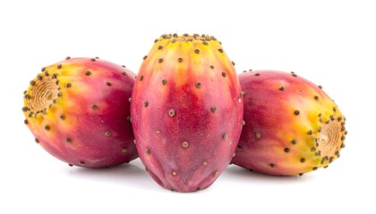 Three vibrant, oblong fruits with a gradient of colors from pink to yellow, speckled with small, dark bumps, isolated on white