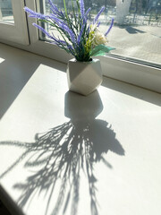 Beautiful arrangement of artificial flowers in a geometric vase casting intricate shadows on a sunlit windowsill, showcasing the interplay of light and shadow