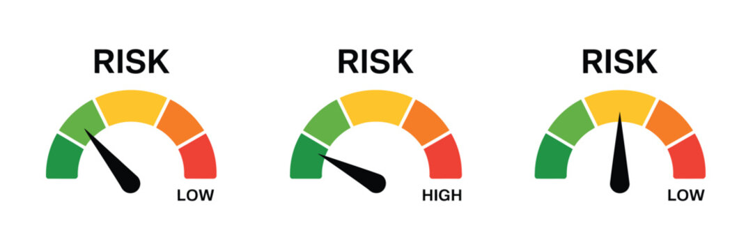 Risk vector icon collection including speedometer gauges, low to high scale, risk meter indicators, and conceptual risk levels, perfect for business, finance, safety, dashboard design