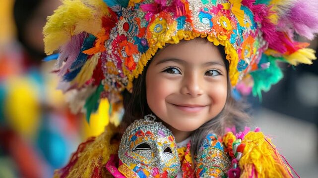 A cheerful child dressed in a vibrant traditional Bolivian outfit holds a decorative mask while participating in the Oruro Carnival. The atmosphere is filled with music and celebration.