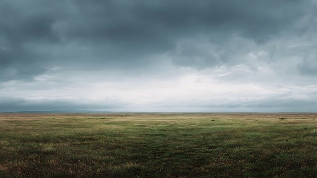 Wide-angle shot of a vast, green and brown grassy field under a dramatic, cloudy sky with a moody atmosphere. - Powered by Adobe