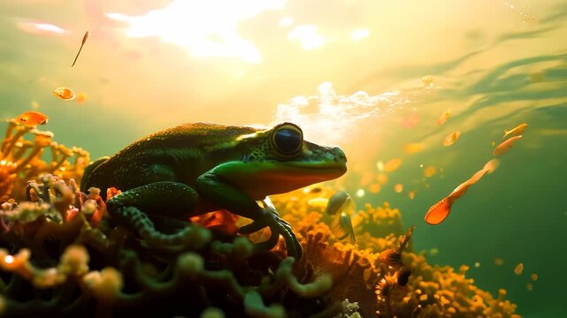 A green frog rests on colorful coral as sunlight filters through the water, creating a serene aquatic scene. This green frog emphasizes the vibrant underwater environment and tranquility.