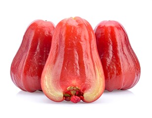 Three vibrant, rosy-red fruits, pear-shaped with glossy skin, against a pure white background. They appear plump and juicy