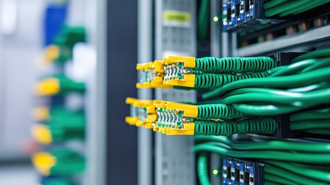 Bundles of thick green network cabling coiled meticulously with yellow connectors in a server rack - Powered by Adobe