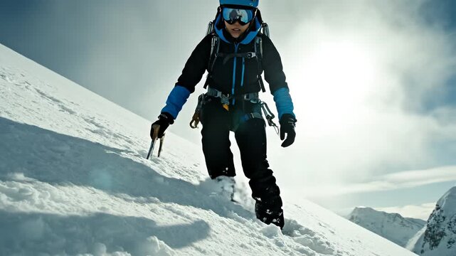 Person climbing snowy mountain slope
