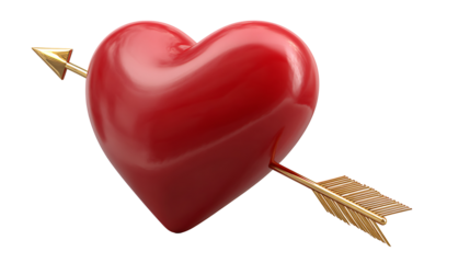 Red heart pierced by a golden cupid arrow isolated on a transparent background