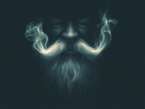 Bearded man in ethereal smoke style white and gray represents mystical wisdom and mystery