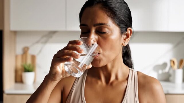 Mature woman in workout attire holding supplement bottle and glass of water in modern kitchen