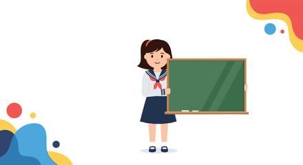 Smiling Japanese schoolgirl in a sailor uniform holding a blank green chalkboard with space for text for educational presentations.
