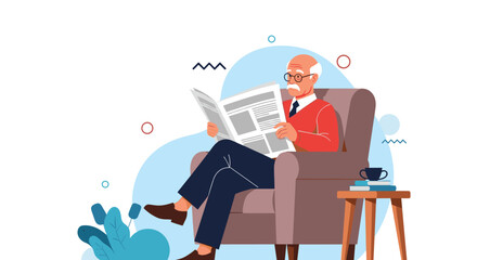Elderly man with glasses and a mustache sits comfortably in an armchair and reads the daily newspaper in his living room.