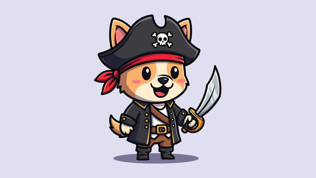 Cute Cartoon Dog Dressed as a Pirate Holding a Sword.