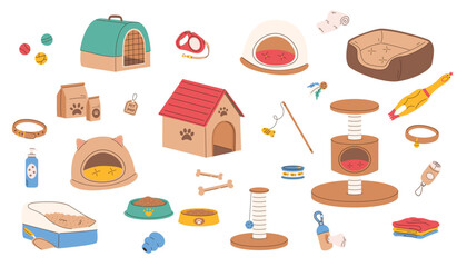 Cute pet accessories, toys and furniture cartoon illustration set. Includes pet houses, beds, scratching posts, bowls, food, collars, leashes, toys, litter box and pet care items. © Jevgeniya Mukhitova