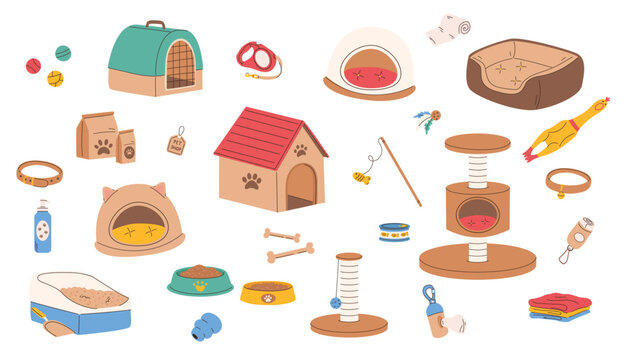 Cute pet accessories, toys and furniture cartoon illustration set. Includes pet houses, beds, scratching posts, bowls, food, collars, leashes, toys, litter box and pet care items.