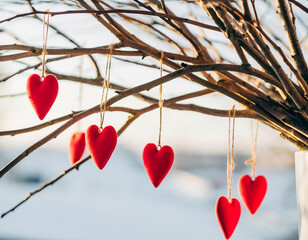 Bare tree branches with hanging red heart decoration. Symbolic romantic nature concept representing love, Valentine’s Day, emotions and seasonal storytelling with minimal poetic atmosphere.