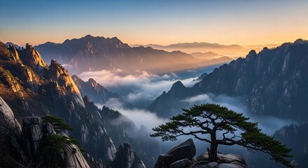 Mountain landscape with tree silhouette at sunset dramatic sky and clouds