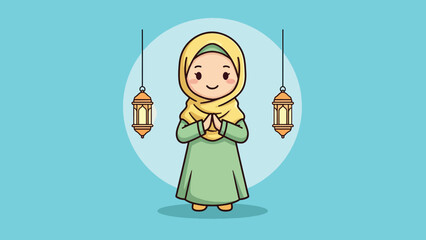 Cute Muslim Girl Wearing Hijab with Lanterns.