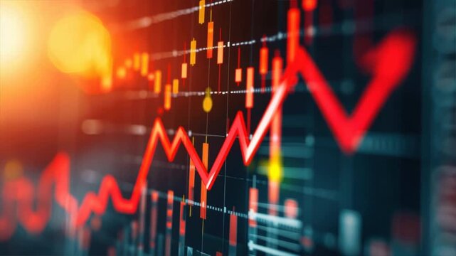 A close-up view of a stock market chart showing upward and downward trends with red and green indicators.
