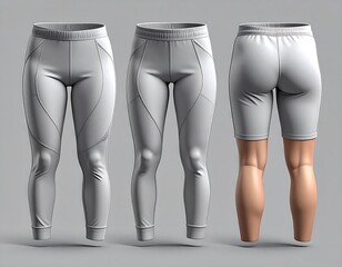 Three views showcasing athletic apparel leggings, leggings, and biker shorts. Front and back designs are rendered in a uniform light gray tone. The background is a soft gray