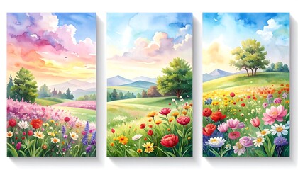 Three watercolor landscape paintings feature vibrant fields, trees, rolling hills, and colorful skies, evoking a sense of serenity