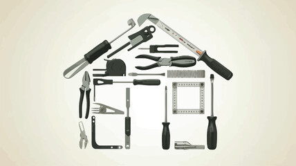 Variety of essential tools arranged in house shape on wooden background