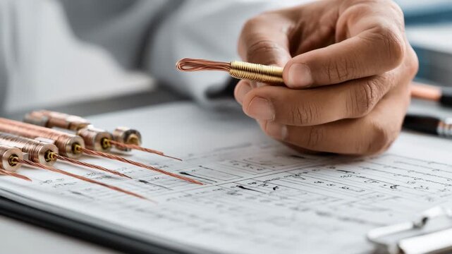 Medium shot of a technician comparing copper wires against a metric wire gauge chart highlighting precise millimeter measurements for international applications.
