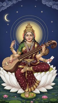 Divine Saraswati Goddess Playing Veena Under Moonlight