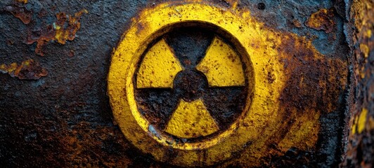 The Radioactive Symbol on Rusted Metal Surface with Weathered Yellow Paint