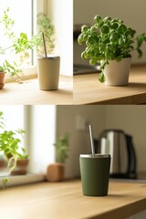 Reusable cups with metal straws and fresh green houseplants. Concept of sustainability, zero waste, and eco-friendly living at home
