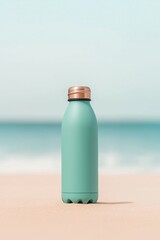 Reusable teal water bottle with copper cap on a sandy beach. Blurry ocean background. Concept of sustainability, hydration, and summer vacation